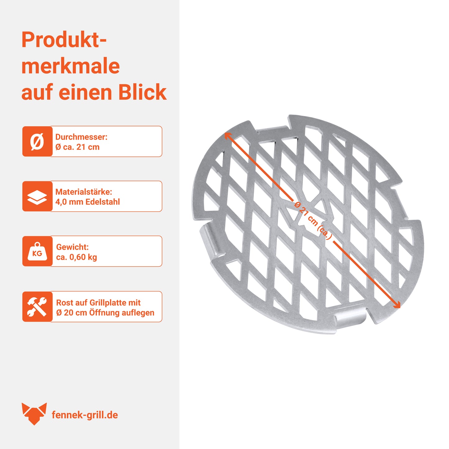 Details zum Grillrost mit 20 cm Durchmesser für Feuerplatten und Grillringe mit einer 20 cm Öffnung. Made in Germany.
