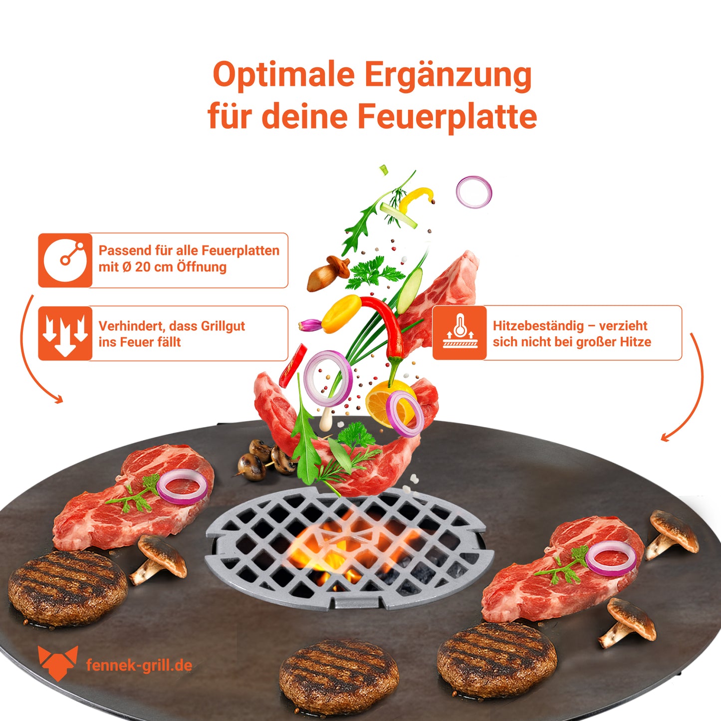 Details zum Grillrost mit 20 cm Durchmesser für Feuerplatten und Grillringe mit einer 20 cm Öffnung. Made in Germany.