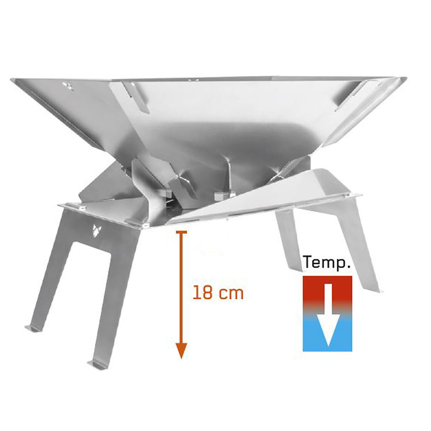 Edelstahl Feuerschale auf einer Edelstahl-Erhöhung und gekennzeichnetem Abstand zum Boden von 18 cm.