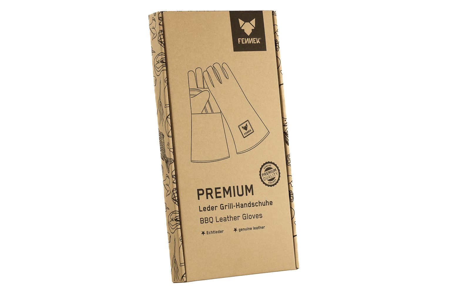 Produktverpackung bedruckter Karton mit Abbildung der Leder Grill-Handschuhe und FENNEK-Logo.