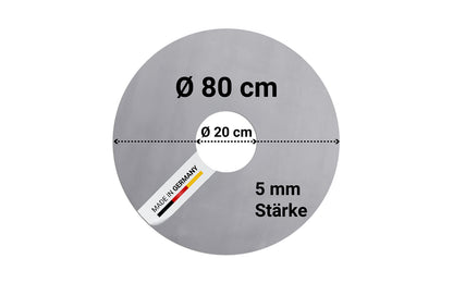FENNEK Feuerplatte 80 cm mit 20 cm Loch. Aus 5 mm dickem Feinkornstahl - Made in Germany.