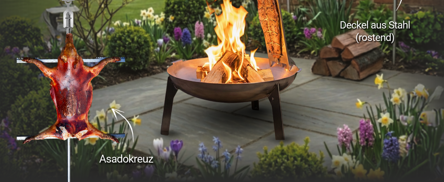 Feuerschale 3Pod mit Flammlachshalter. Asado Kreuz zum Grillen passt perfekt vor die 3Pod.