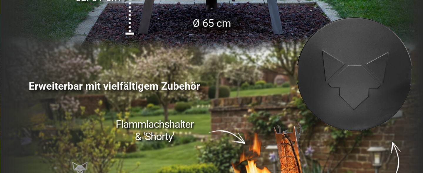 Die Feuerschale 3Pod ist mit einem optionalen Deckel aus Aluminium mit Pulverbeschichtung oder dem Flammlachshalter und Shorty erweiterbar.