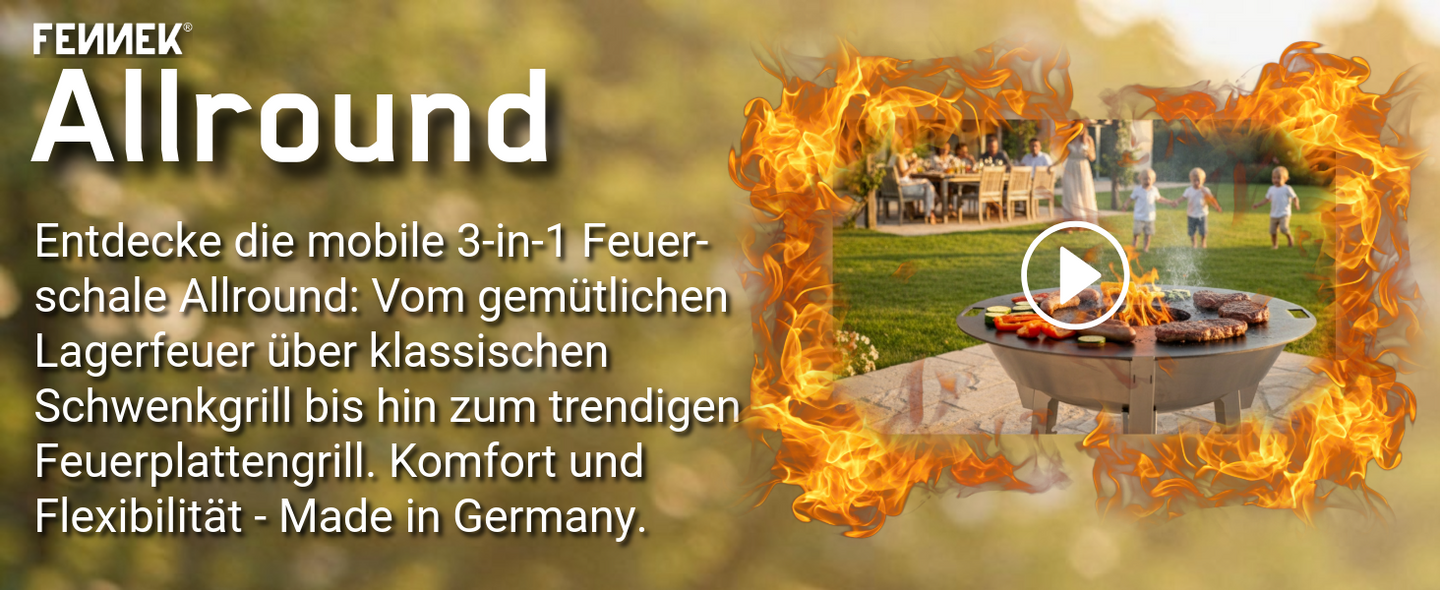Die FENNEK Feuerschale Allround die mobile 3 in 1 Feuerschale. Von gemütlichem Lagerfeuer über klassischen Schwenkgrill, bis hin zum trendigen Feuerplattengrill. Ein Spaß für die ganze Familie - natürlich Made in Germany.