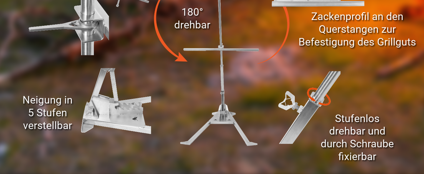 Detailbeschreibung mit Bildern FENNEK Asado Kreuz: 180° drehbar, Zakenprofil an den Querstreben, Neigbar in 5 Stufen und stufenlos dreh und fixierbar durch Schraube.