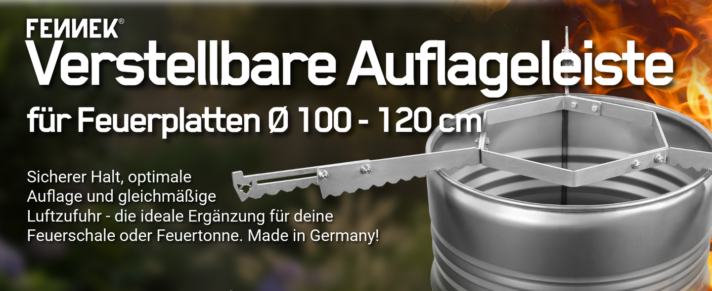 Titelbild FENNEK verstellbare Auflageleiste aus Stahl für Feuerplatten mit 100-120 cm Durchmesser, montiert auf einer Feuertonne für stabilen Halt und optimale Luftzufuhr.