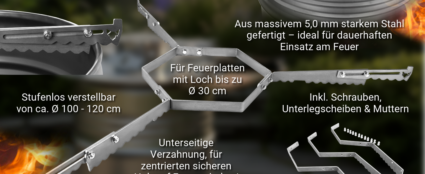 Technische Details der FENNEK Auflageleiste: Gefertigt aus massivem 5,0 mm Stahl, passend für Feuertonnen von 450 bis 1200 mm Durchmesser und Feuerplatten mit bis zu 30 cm Mittelloch. Mit ‚Made in Germany‘ Siegel.