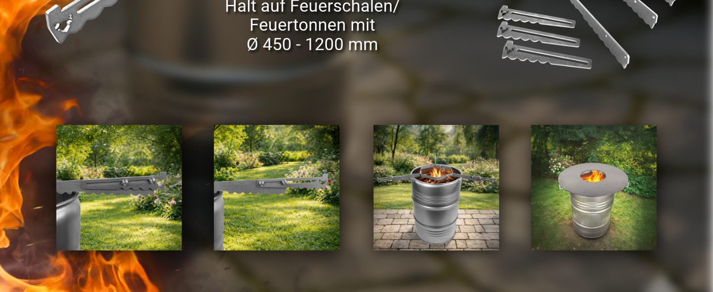 Vier Anwendungsbeispiele der FENNEK Auflageleiste für Feuerplatten im Garten: Gezeigt wird die Verlängerung komplett eingezogen und ausgefahren, die gesamte Leiste montiert auf einer Feuertonne, mit brennendem Holzfeuer sowie mit fertig aufgelegter Grill-Feuerplatte.