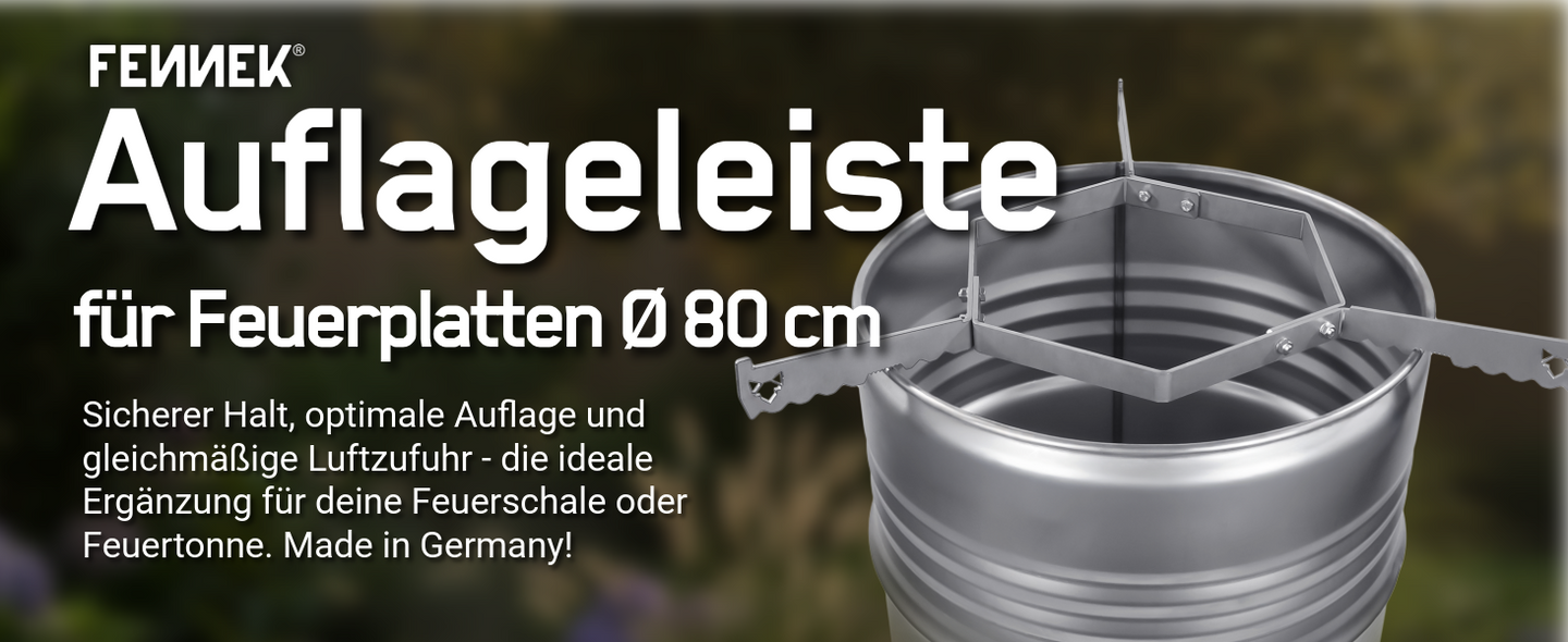 Titelbild FENNEK Auflageleiste aus Stahl für Feuerplatten mit 80 cm Durchmesser, montiert auf einer Feuertonne für stabilen Halt und optimale Luftzufuhr.