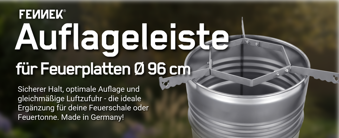 Titelbild FENNEK Auflageleiste aus Stahl für Feuerplatten mit 96 cm Durchmesser, montiert auf einer Feuertonne für stabilen Halt und optimale Luftzufuhr.