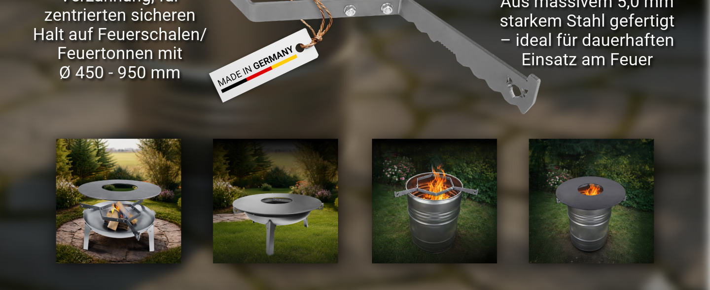 Vier Anwendungsbeispiele der FENNEK Auflageleiste für Feuerplatten im Garten: Gezeigt wird die Montage auf einer Feuerschale und einer Feuertonne, jeweils mit brennendem Holzfeuer sowie mit fertig aufgelegter Grill-Feuerplatte.