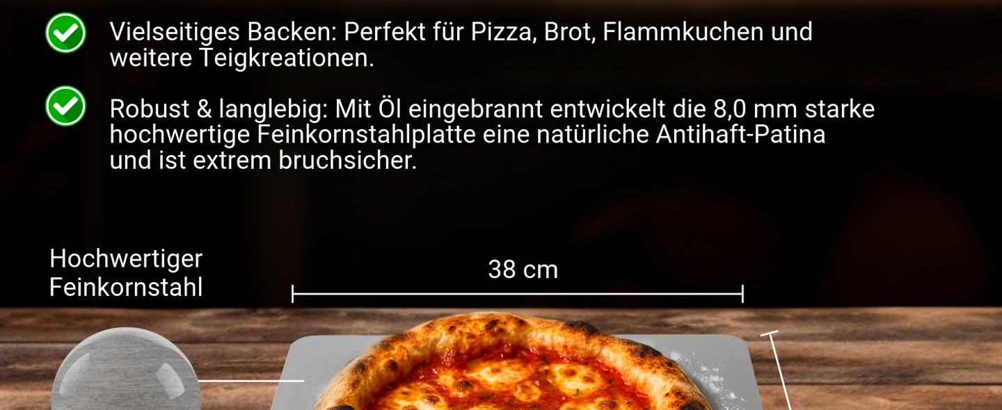 Detailbild zeigt 2 Vorteile des FENNEK Backstahls. Darunter ist ein Bild vom Backstahl mit einer Pizza darauf und den Maßen.