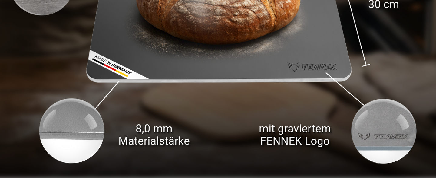 Bild zeigt den FENNEK Backstahl mit seinen wichtigsten Eigenschaften, wie der 8,0 mm Materialstärke, dem gravierten Logo und dem Hochwertigen Material Feinkornstahl.