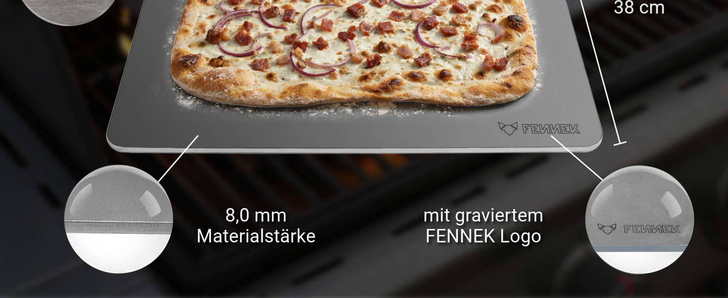 Bild zeigt den FENNEK Backstahl mit seinen wichtigsten Eigenschaften, wie der 8,0 mm Materialstärke, dem gravierten Logo und dem Hochwertigen Material Feinkornstahl.