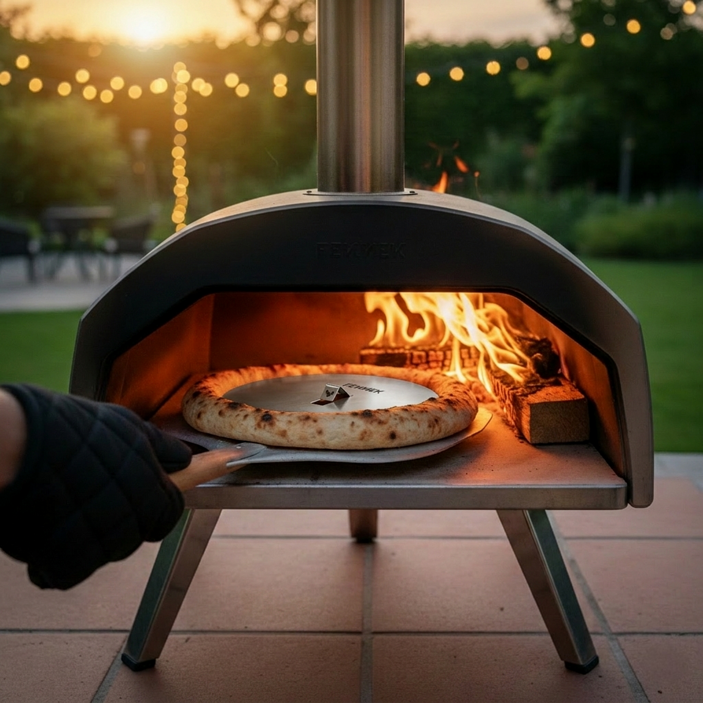 Szenebild zeigt einen kleinen Pizzaofen umgeben von einer schönen abendlichen Atmosphäre im Garten. Mit einem Pizzaschieber wird die Pizza aus dem Ofen geholt. Besonders auffällig ist der extra hohe, krosse und fluffige Rand der Pizza. Dieses Ergebnis wurde mit der FENNEK Blind Bake Edelstahlplatte erzielt, die genau dafür ausgelegt ist.