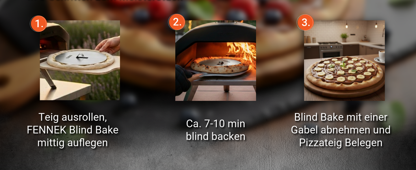 In 3 Schritten zum Meisterstück. 1. Teig Ausrollen, FENNEK Blind Bake mittig auflegen. 2. ca 7-10 min blind backen. 3. Blind Bake mit einer Gabel abnehmen und pizzateig belegen.
