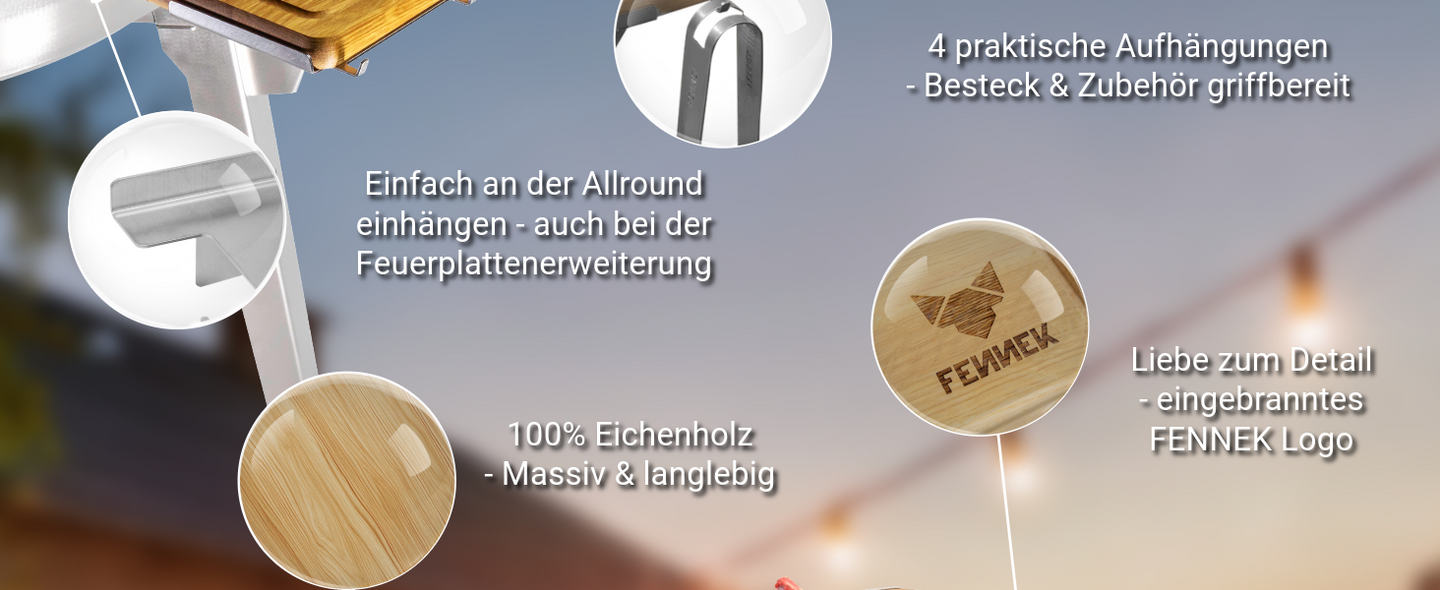 Bild zeigt die wichtigsten Eigenschaften des Brett- und Besteckhalters für die Allround, wie die 4 Aufhängungen für Besteck und man kann ihn einfach einhängen.