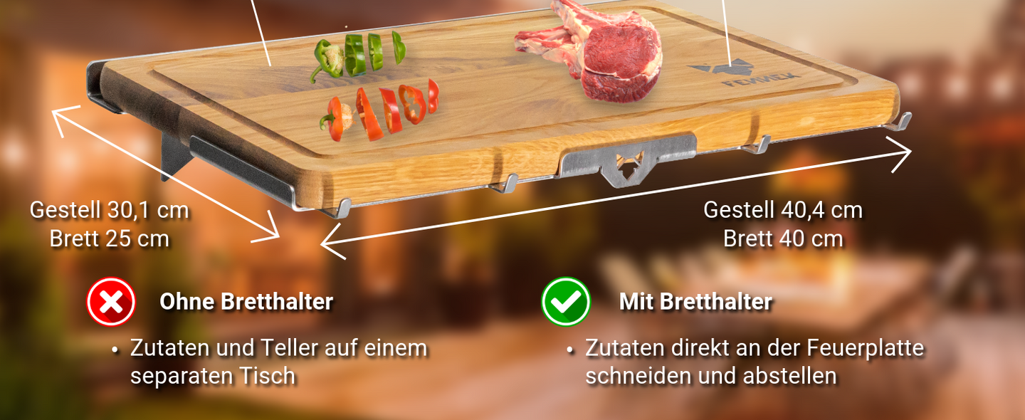 Bild zeigt den FENNEK Brett- und Besteckhalter für Allround zentral im Bild und ist mit Maßen versehen.