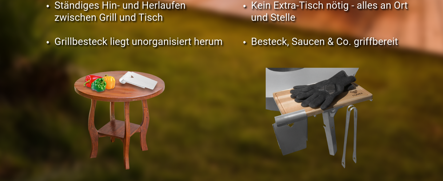 Vergleichsbild zeigt die Nachteile von einem Beistelltisch und die Vorteile vom Brett- und Besteckhalter für die Allround.