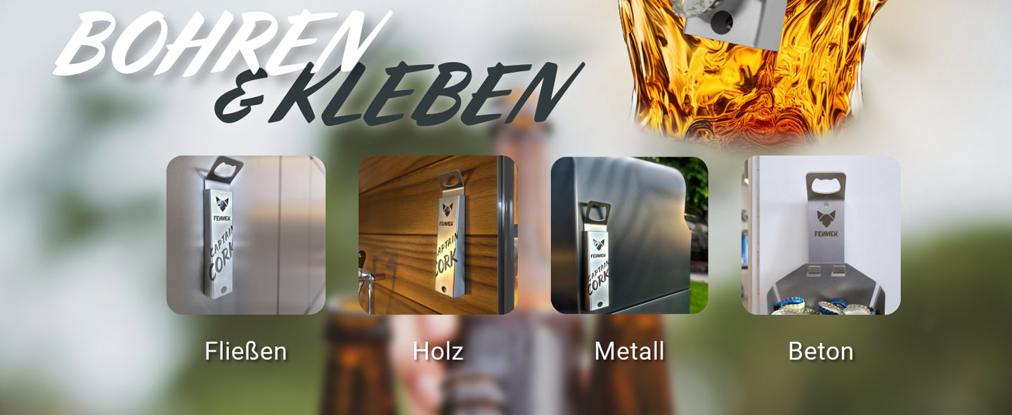 Bild zeigt die vier Befestigungsmöglichkeiten vom FENNEK Captain Cork Flaschenöffner. Man sieht ihn befestigt an Fliesen, an Holz, an Metall und an Beton.