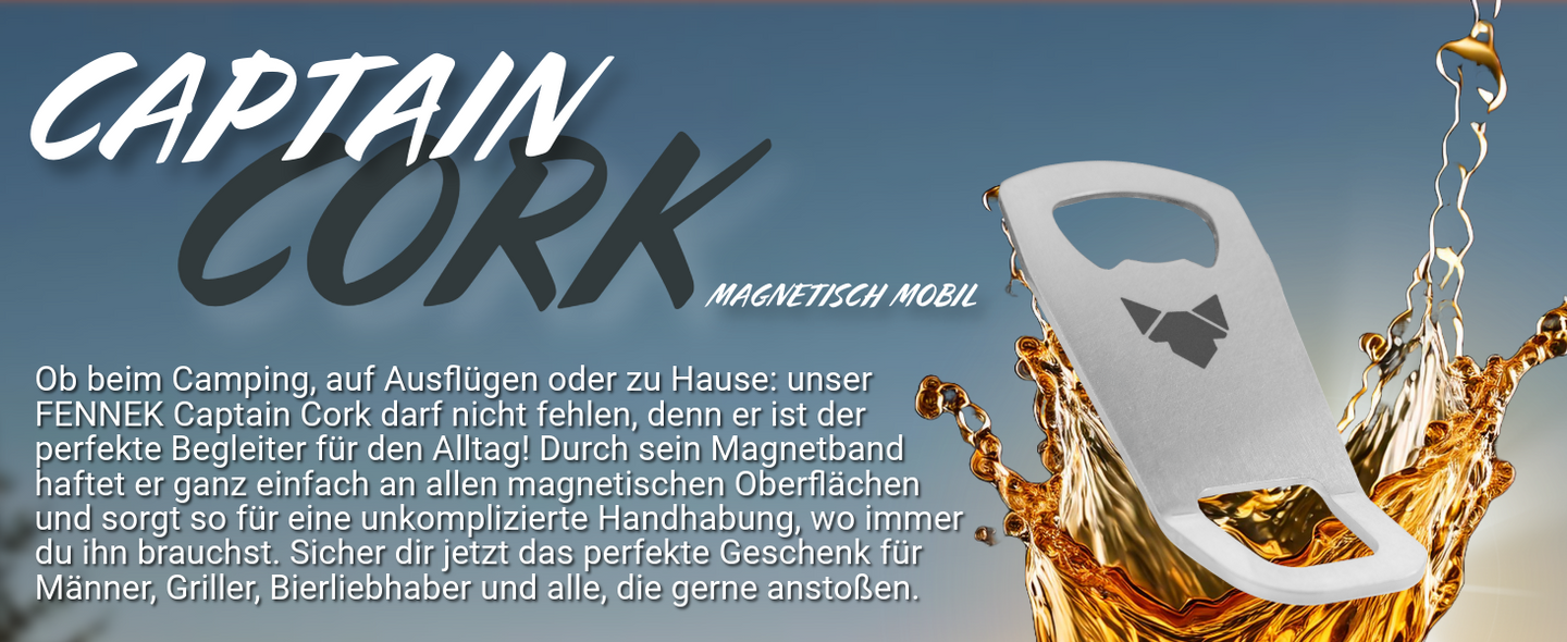 Titelbild vom FENNEK Flaschenöffner  Captain Cork Magnetisch Mobil, der perfekt zum Campen, auf Ausflügen und für Zuhause ist.