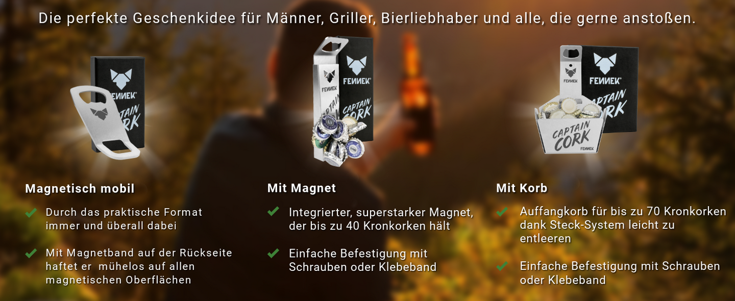 Bild zeigt alle drei FENNEK Captain Cork Flaschenöffner nebeneinander im Vergleich. Links der magnetisch mobil, in der Mitte mit Magnet und rechts mit Korb.