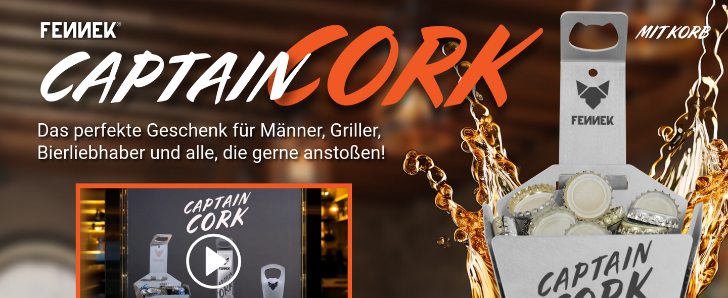 Bild zeigt das Thumbnail vom Werbevideo zum FENNEK Captain Cork Flaschenöffner. Außerdem ist der Link zum Video hinterlegt.