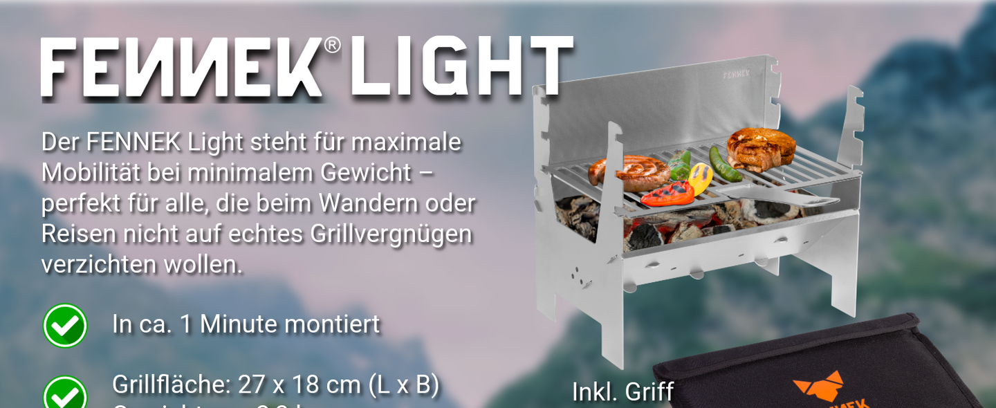 Titelbild vom FENNEK Light. Rechts im Bild sieht man den Grill. Links im Bild ist ein kurzer Text, der den FENNEK Light kurz beschreibt.