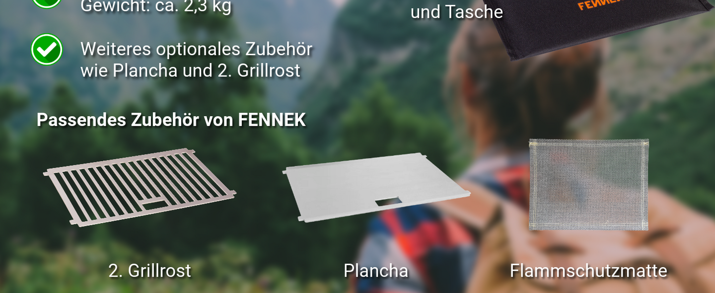 Bild zeigt passende FENNEK Produkte zum FENNEK Light: einen weiteren Grillrost, eine Plancha und eine Flammschutzmatte        