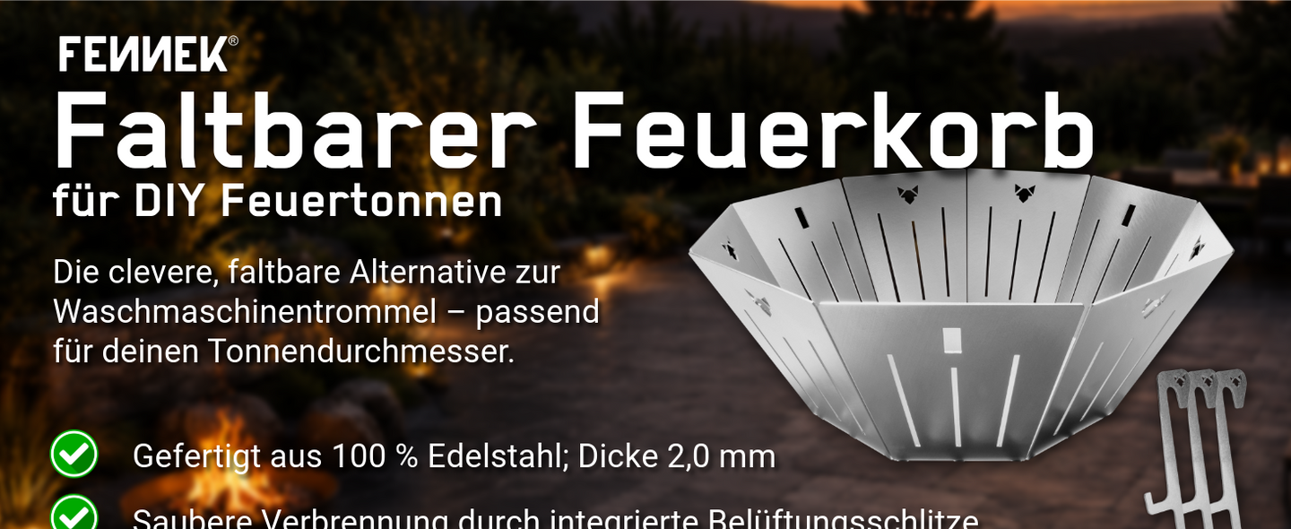 Infografik zu dem faltbaren Feuerkorb von FENNEK für die eigene Feuertonne Zuhause