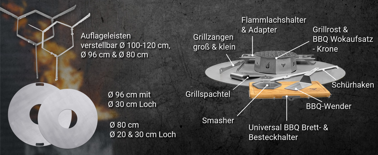 Info über das passende Zubehör eines kompletten Sets, welches man sich ganz einfach mit dem faltbaren Feuerkorb in die eigene Tonne Zuhause hängen kann.
