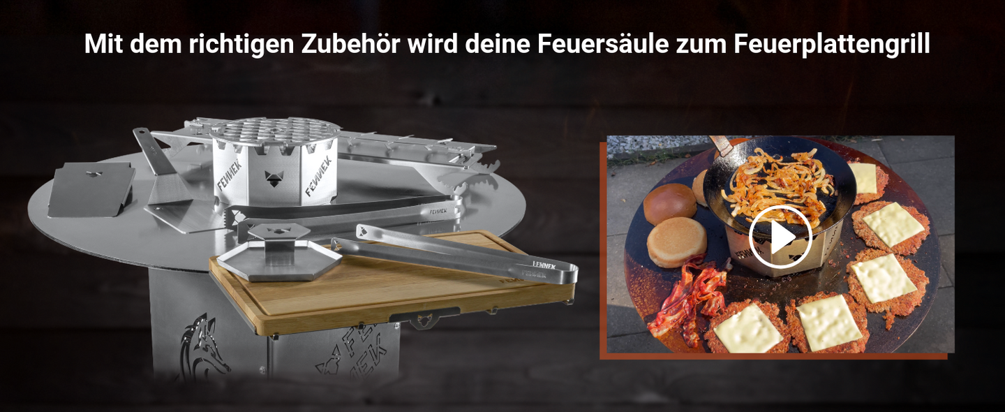 Die FENNEK Feuersäule lässt sich mit dem richtigen Zubehör zu einem Feuerplattengrill umfunktionieren: Abstandshalter und die 55er Feuerplatte sind dabei die richtige Wahl.