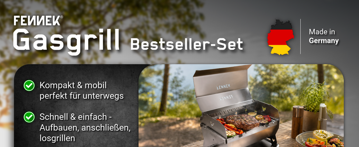 Infografik mit den Eigenschaften und Fakten des FENNEK Gasgrill Bestseller-Sets