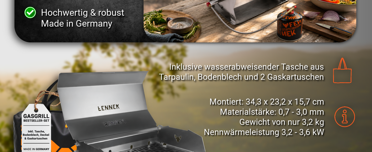 Infografik mit den Eigenschaften und Fakten des FENNEK Gasgrill Bestseller-Sets