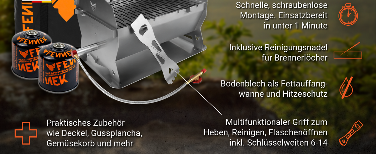 Infografik mit den wichtigsten Vorteilen und Funktionen des FENNEK Gasgrill Bestseller-Sets