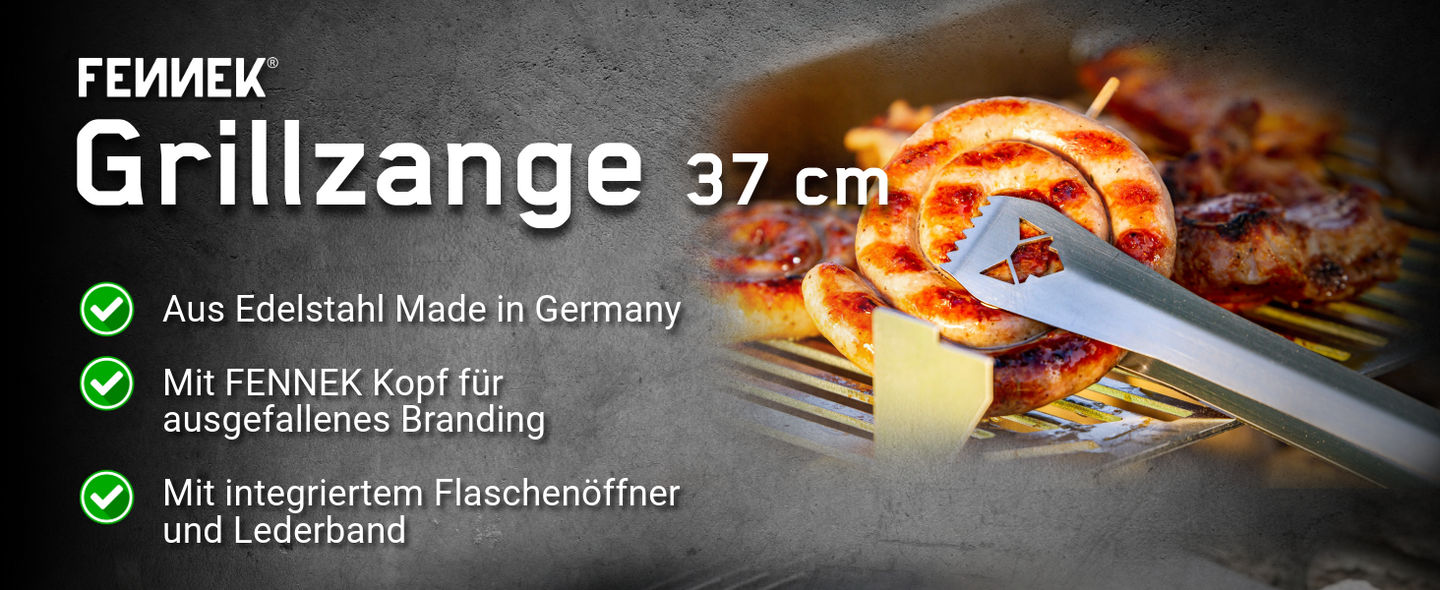 Grillzange 37 cm lang aus Edelstahl mit FENNEK Kopf Branding, integriertem Flaschenöffner und Lederband.