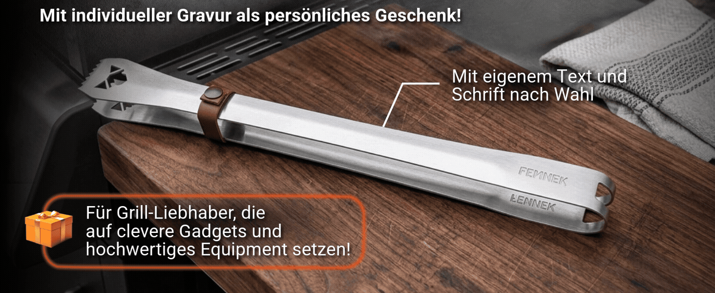 Grillzange personalisierbar mit eigenem Text und Schrift nach Wahl. Das perfekte Geschenk für Grill-Liehaber die auf clevere Gadgets und hochwertiges Equipment setzen.