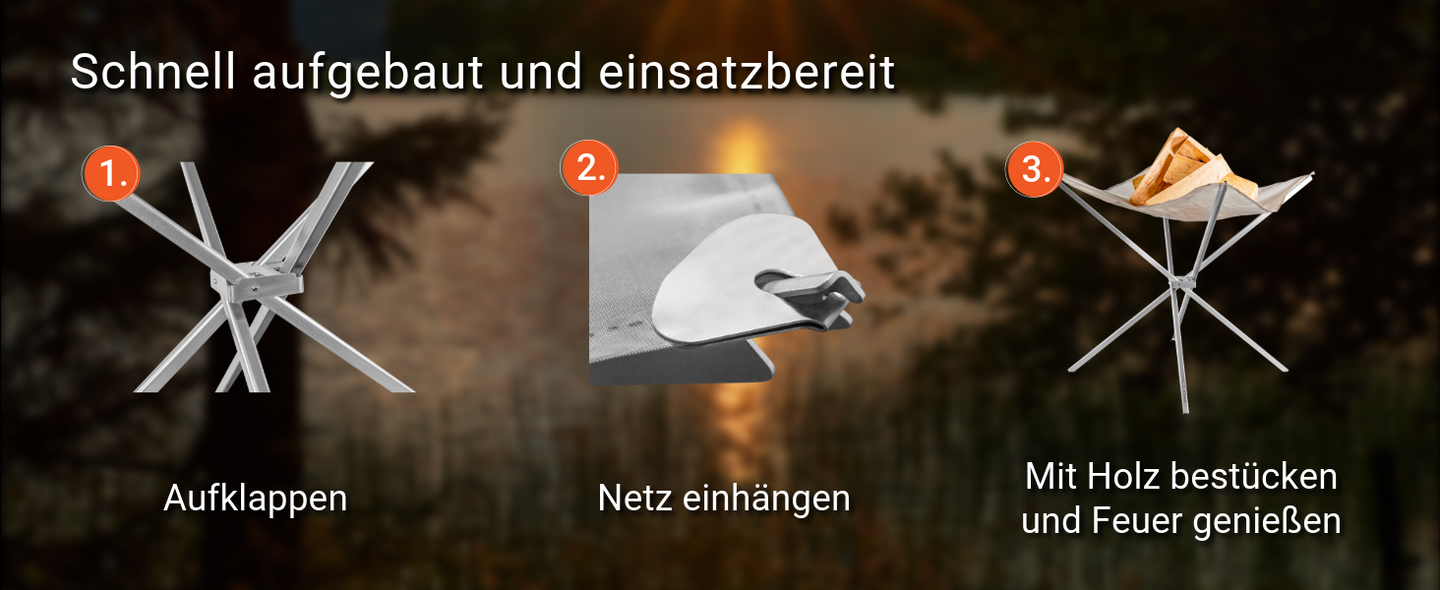 Bild zeigt, wie schnell und einfach das FENNEK High Fire aufgebaut ist. Man muss es nur aufklappen, das Netz einhängen und schon kann es mit Holz bestückt und befeuert werden.