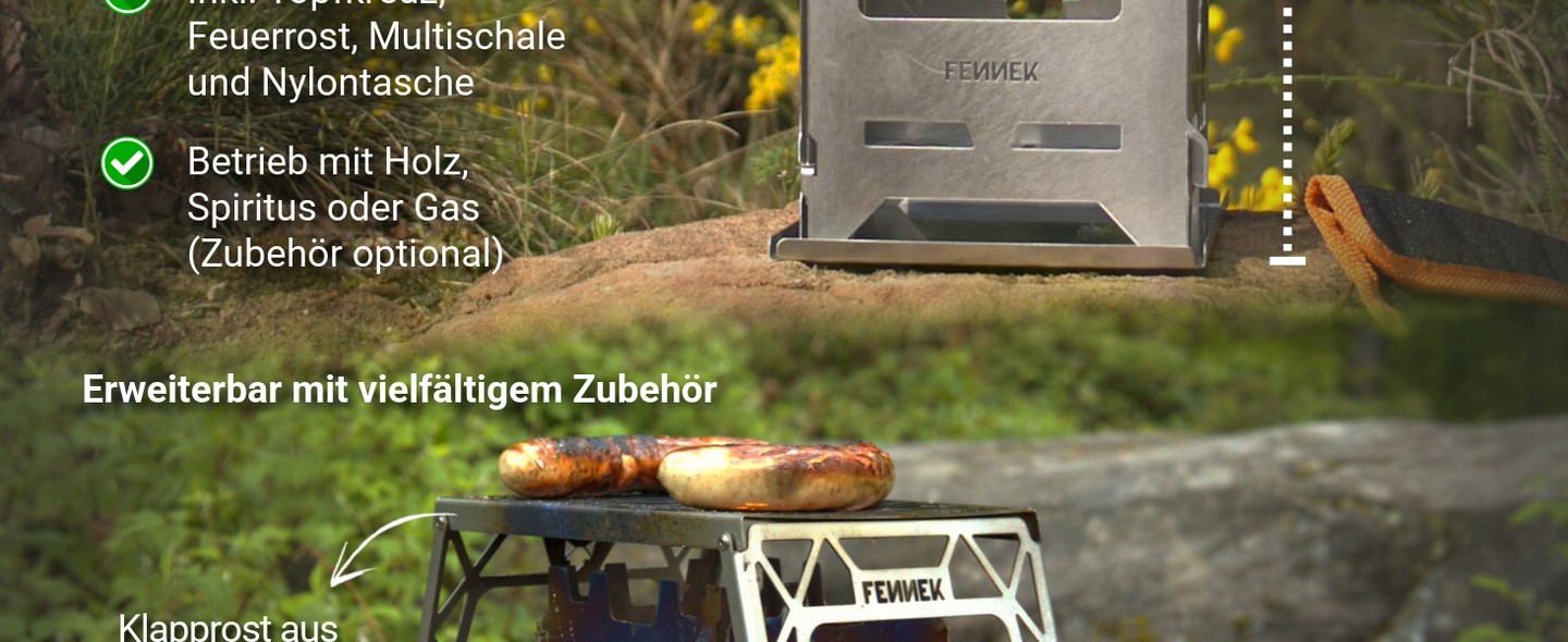 Der FENNEK Hobo Premium Kann mit Holz, Spiritus oder Gas betrieben werden, dank optionalen Zubehör. Erweiterbar mit dem Klapprost aus Edelstahl oder Titan.