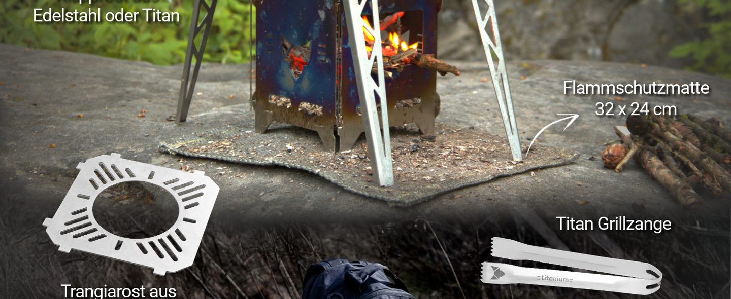 Optionales Zubehör für den FENNEK Hobo Premium: Flammschutzmatte 32 x  24 cm und Titan Grillzange.