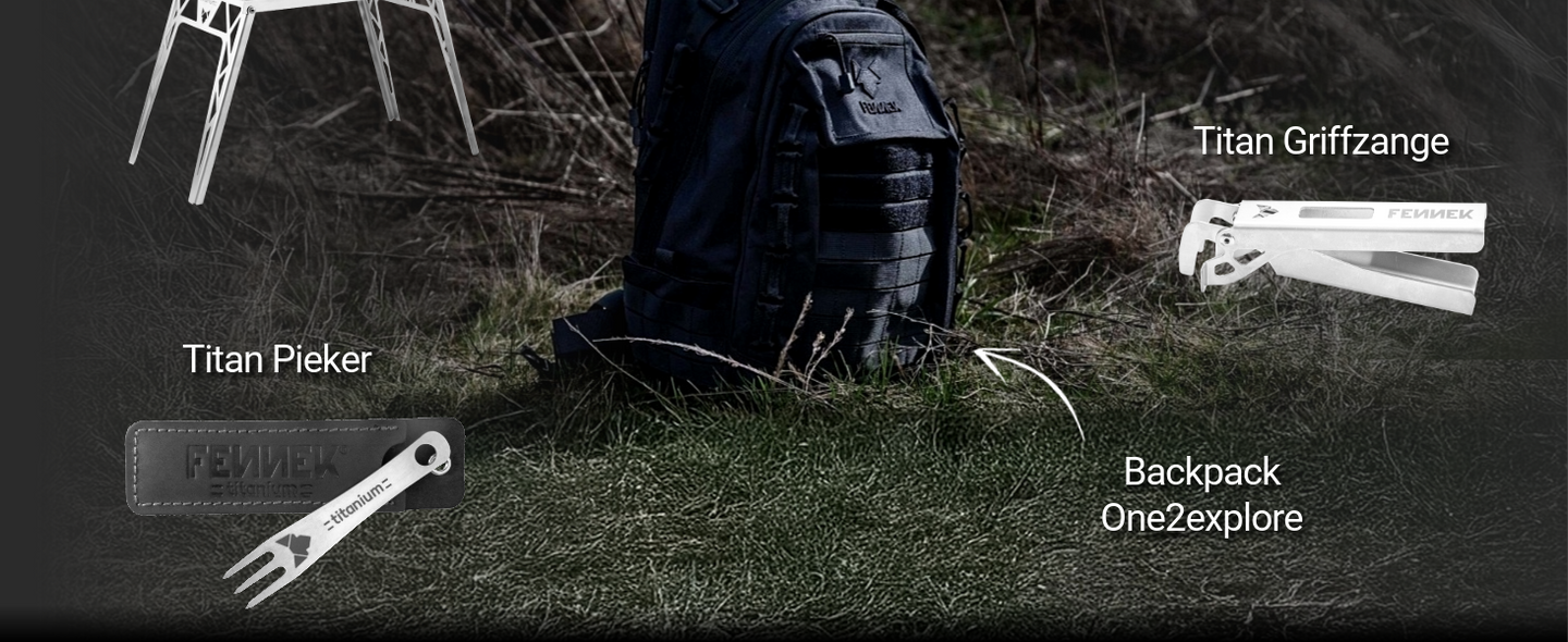 Ideale Ergänzungen zum Hobo Solo: Backpack One2explore, Titan Grillzange und Titan Pieker.