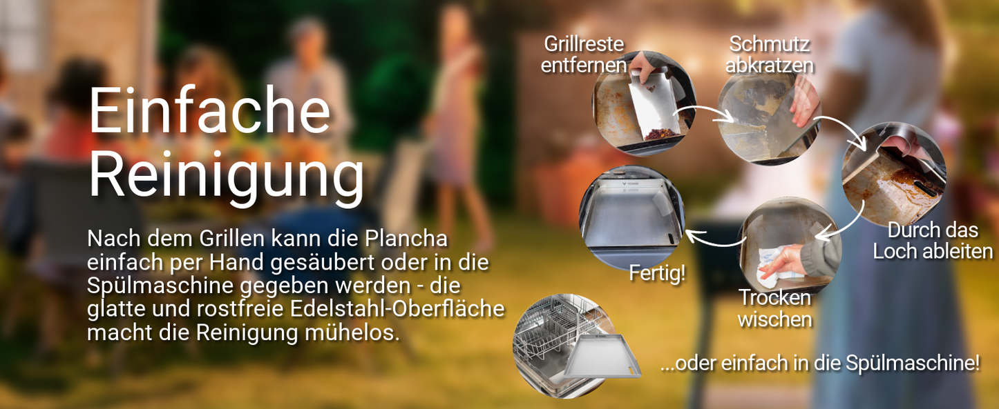 Bild zeigt vier Schritte der einfachen Reinigung der FENNEK Plancha.