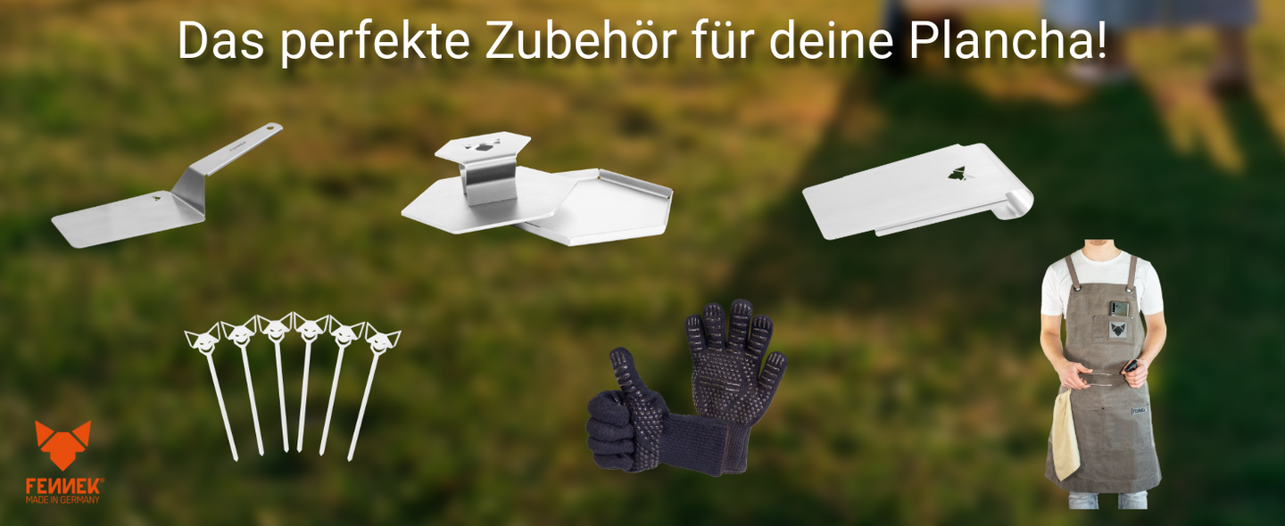 Bild zeigt diverses Zubehör, welches perfekt für die Plancha geeignet ist, wie zum Beispiel die Burgerspieße, die Grillschürze und der BBQ-Wender.