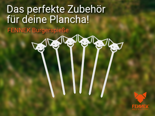 Bild zeigt die FENNEK Brugerspieße als perfektes Zubehör für die FENNEK Plancha.