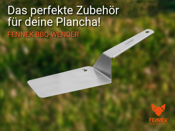 Bild zeigt den FENNEK BBQ-Wender als perfektes Zubehör für die FENNEK Plancha.