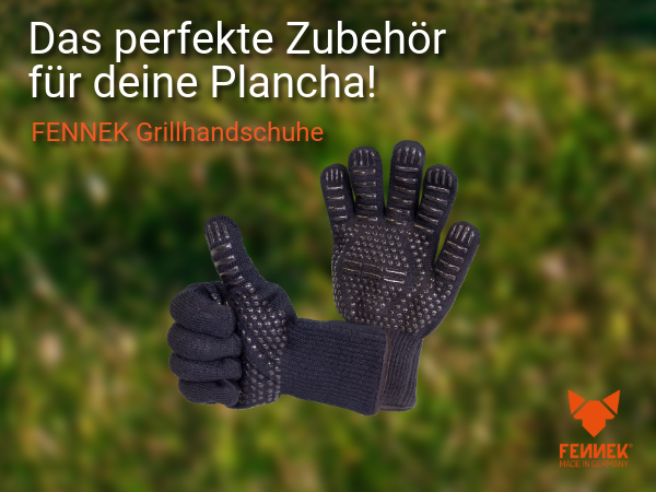 Bild zeigt die FENNEK Grillhandschuhe als perfektes Zubehör für die FENNEK Plancha.