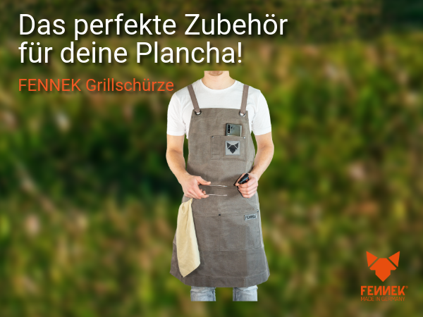 Bild zeigt die FENNEK Grillschürze aus Baumwolle als perfektes Zubehör für die FENNEK Plancha.