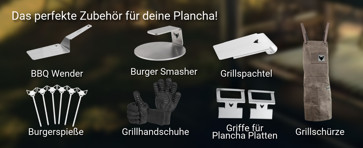 Bild zeigt passende FENNEK Produkte zur FENNEK PlanchaNapoleon: BBQ Wender, Burgerspieße, Burger Smasher, Grillsopachtel, Grillhandschuhe, Griffe für Plancha und Grillschürze.       