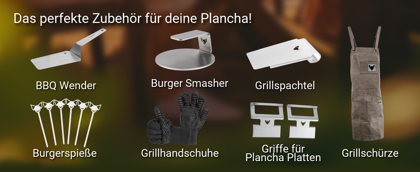 Bild zeigt passende FENNEK Produkte zur FENNEK Plancha 40 x 30 cm geschlossen mit verschweißten Ecken: BBQ Wender, Burgerspieße, Burger Smasher, Grillsopachtel, Grillhandschuhe, Griffe für Plancha und Grillschürze.           