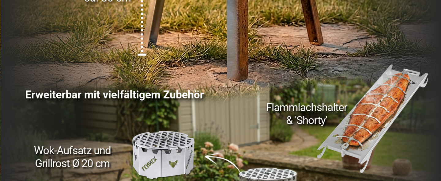 Fennek Zubehör-Infografik: Feuerplatte mit 55 cm Durchmesser und Flammlachshalter für die Erweiterung der Feuerschale.